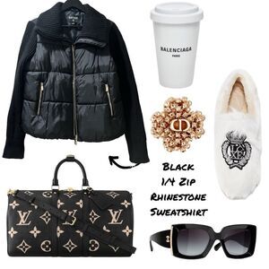 Kensie Black Quilted Puffer Jacket With Knit Sleeves